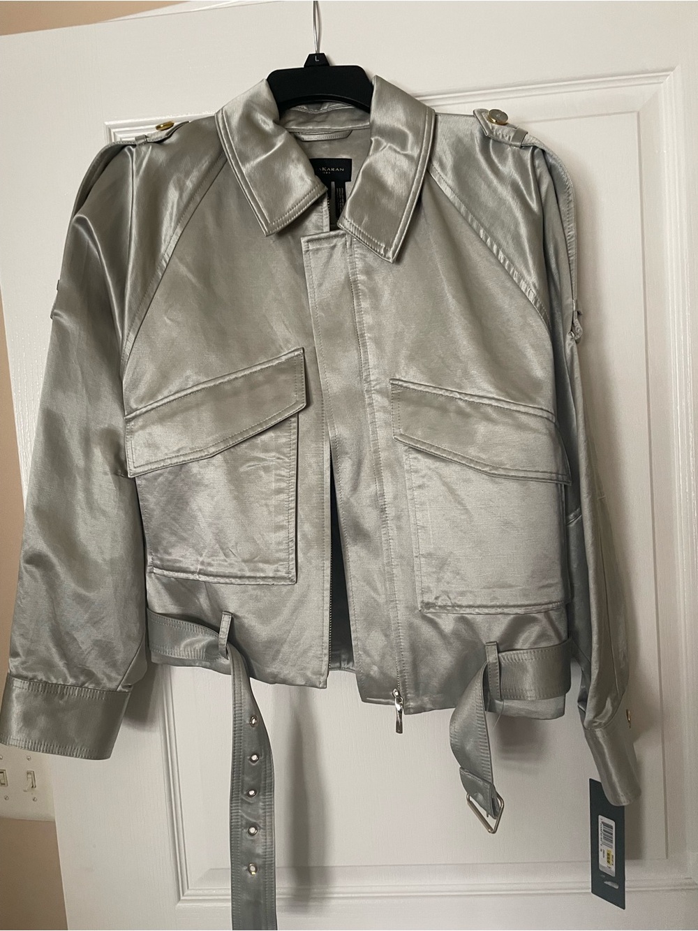 Donna Karan Silver Satin Bomber Jacket